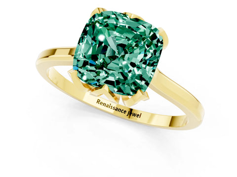 Yellow gold Cushion Cut Green Sapphire Solitaire Ring with Flower Prong Setting and Classic Band_13