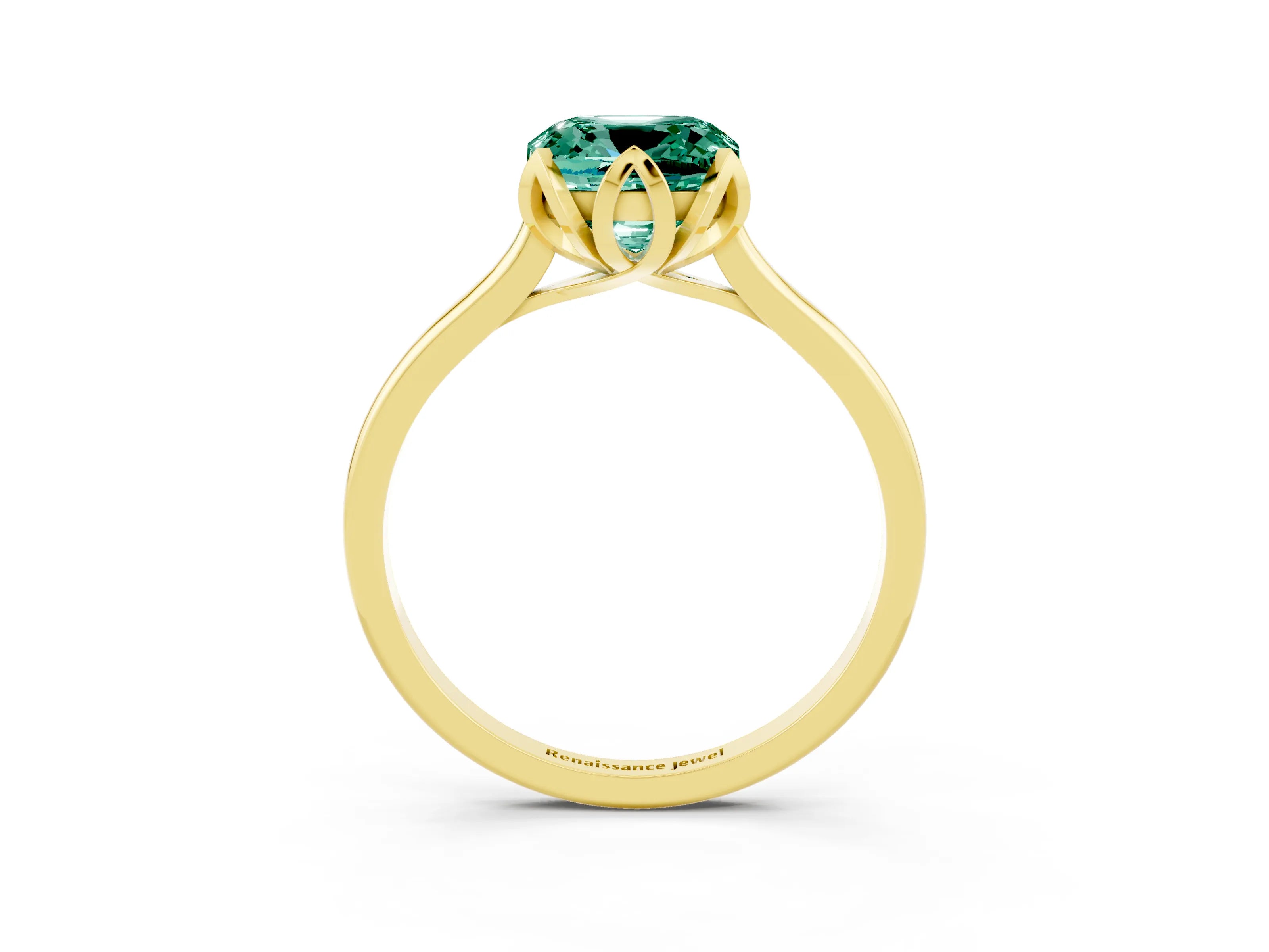 Yellow gold Cushion Cut Green Sapphire Solitaire Ring with Flower Prong Setting and Classic Band_15
