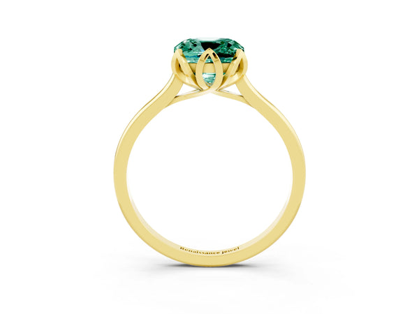 Yellow gold Cushion Cut Green Sapphire Solitaire Ring with Flower Prong Setting and Classic Band