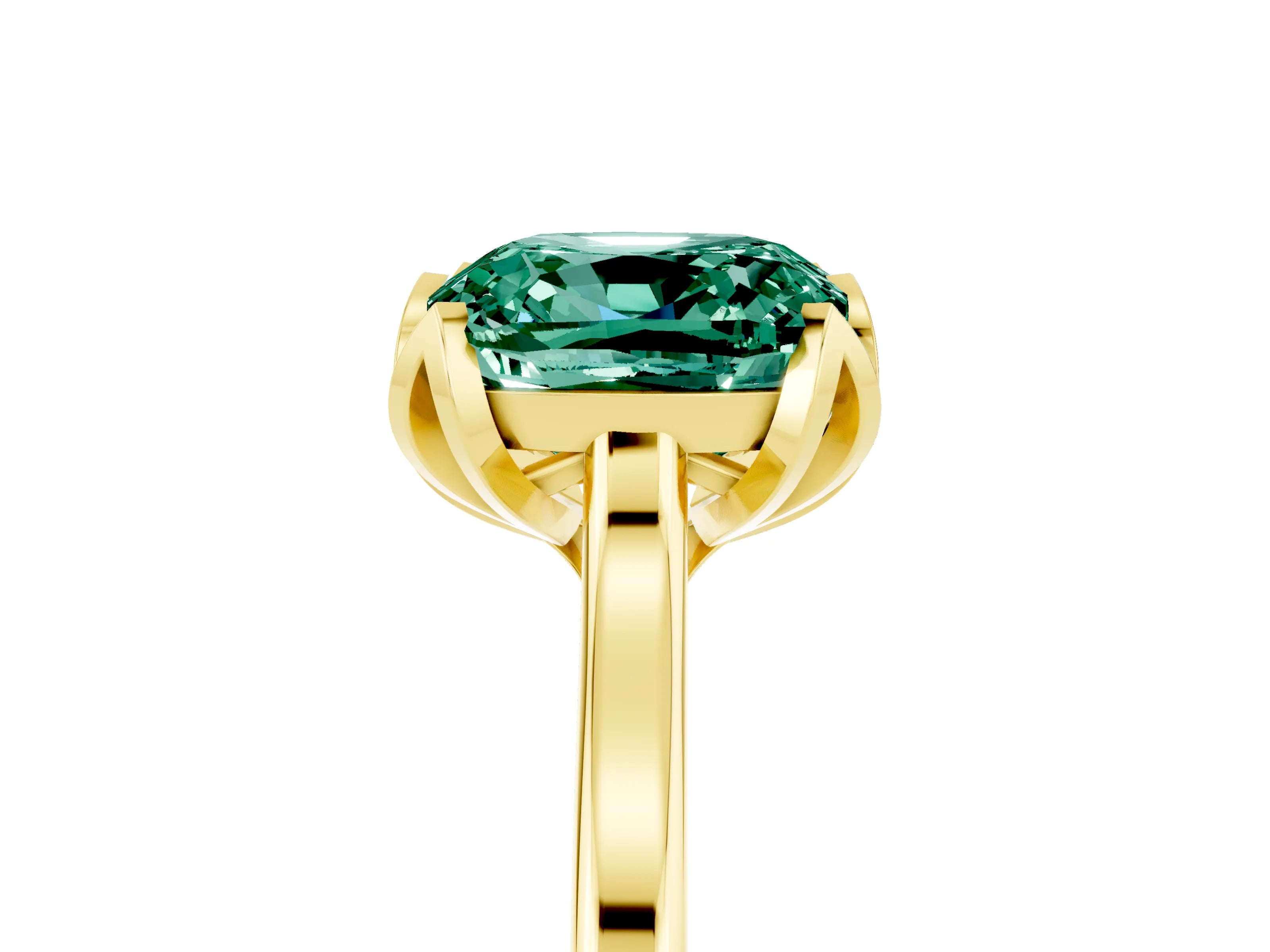 Yellow gold Cushion Cut Green Sapphire Solitaire Ring with Flower Prong Setting and Classic Band_17