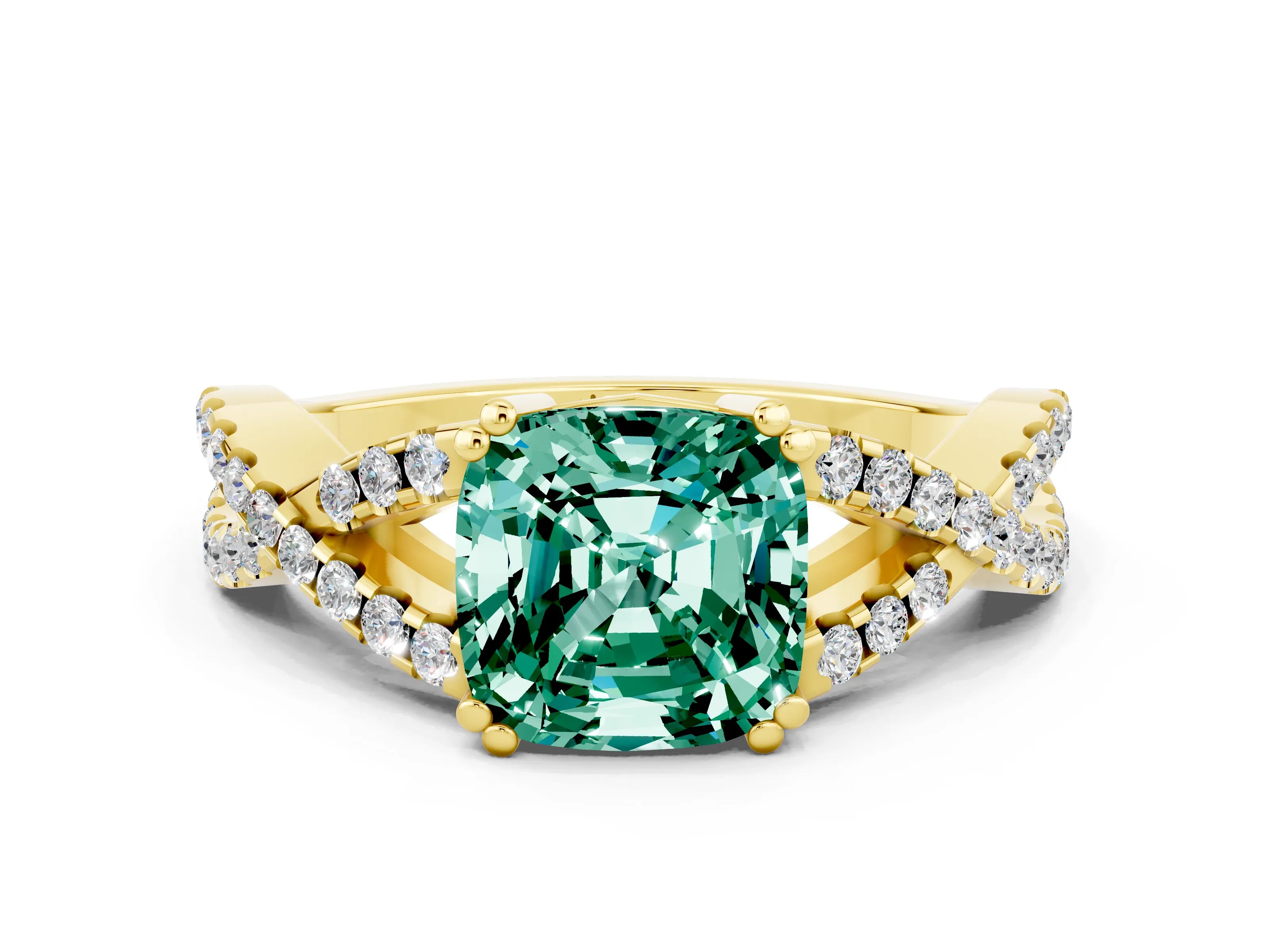 Yellow gold Cushion Cut Green Sapphire Solitaire Ring with Four-Prong Setting and Twisted Pavé Band