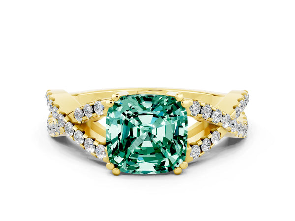 Yellow gold Cushion Cut Green Sapphire Solitaire Ring with Four-Prong Setting and Twisted Pavé Band