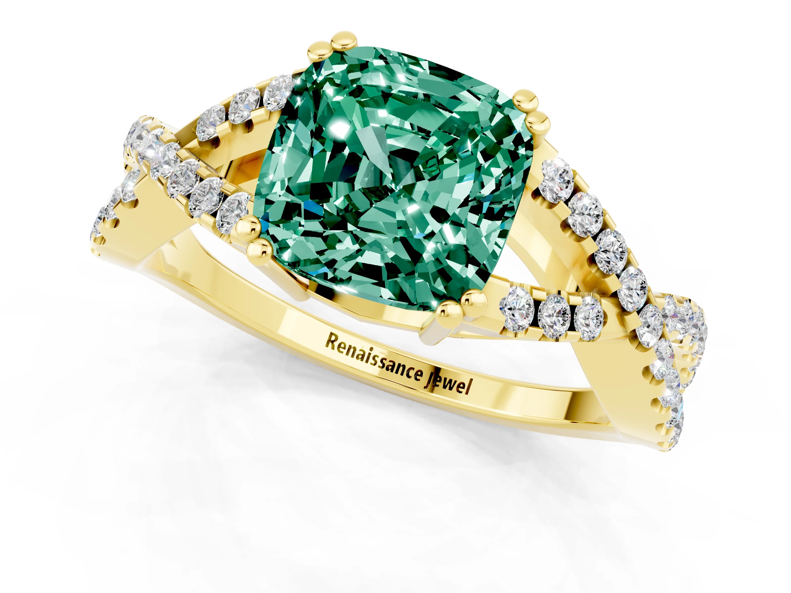 Yellow gold Cushion Cut Green Sapphire Solitaire Ring with Four-Prong Setting and Twisted Pavé Band_1