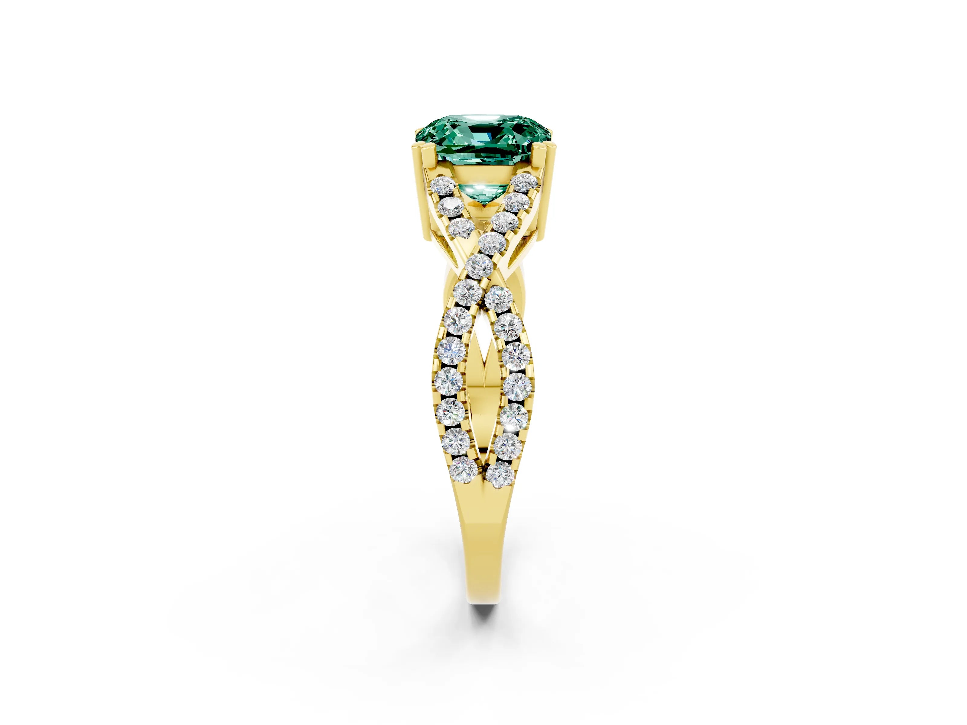 Yellow gold Cushion Cut Green Sapphire Solitaire Ring with Four-Prong Setting and Twisted Pavé Band_2