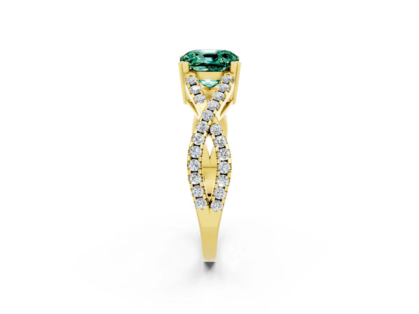 Yellow gold Cushion Cut Green Sapphire Solitaire Ring with Four-Prong Setting and Twisted Pavé Band