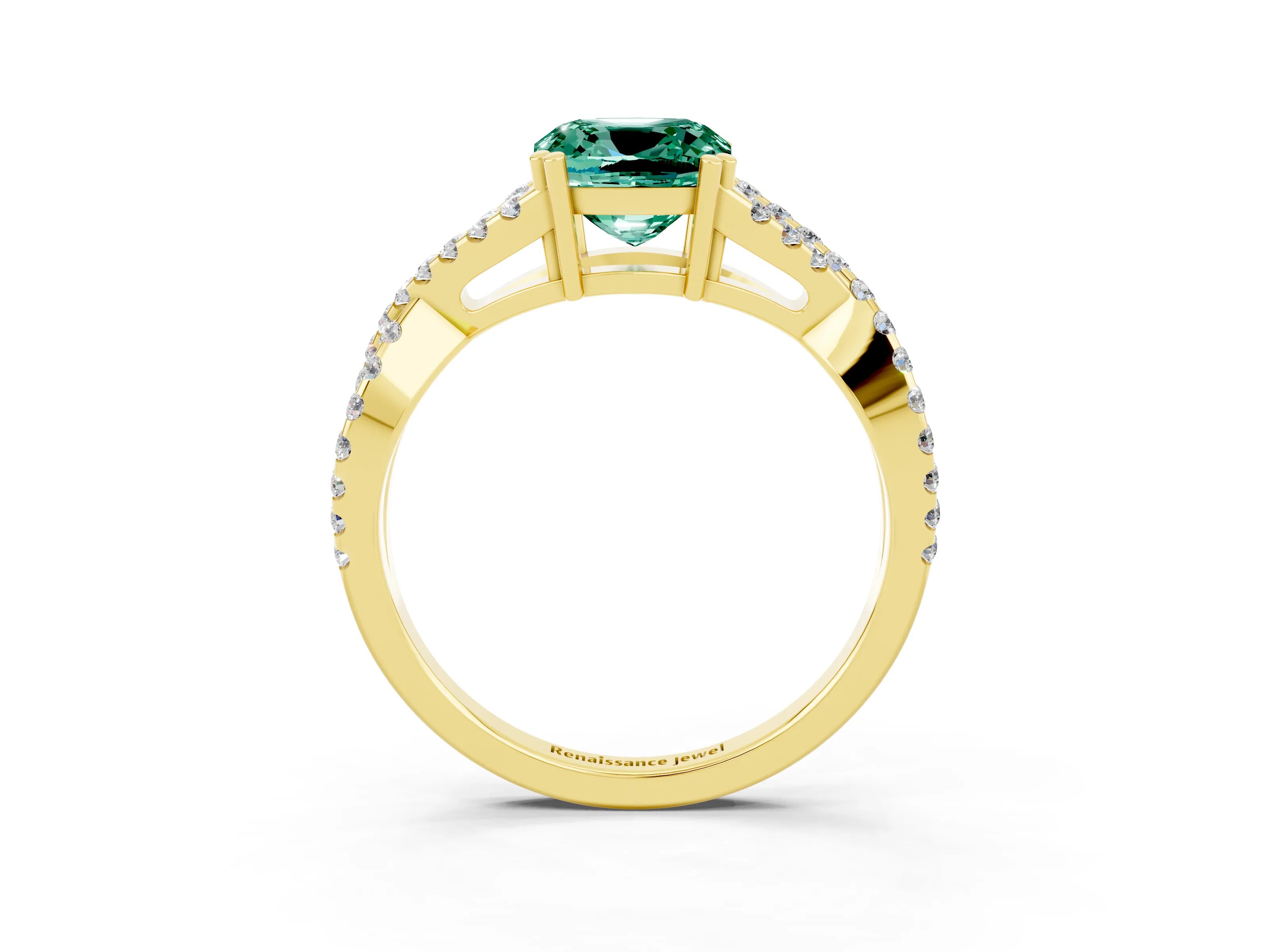 Yellow gold Cushion Cut Green Sapphire Solitaire Ring with Four-Prong Setting and Twisted Pavé Band_3