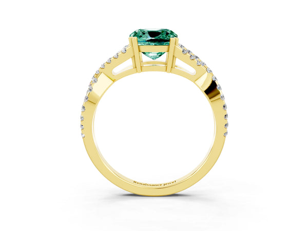 Yellow gold Cushion Cut Green Sapphire Solitaire Ring with Four-Prong Setting and Twisted Pavé Band