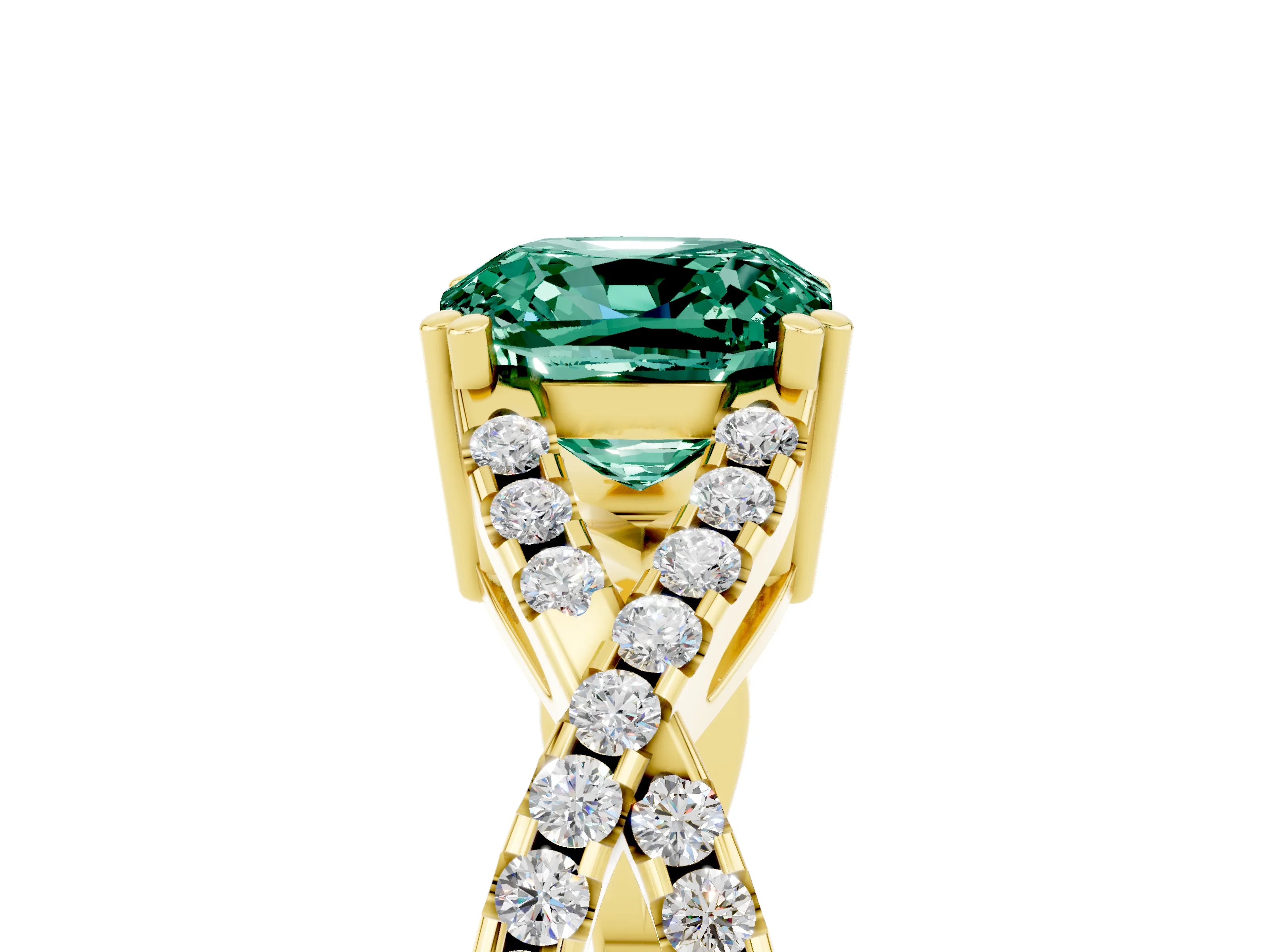 Yellow gold Cushion Cut Green Sapphire Solitaire Ring with Four-Prong Setting and Twisted Pavé Band_5