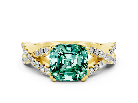 Yellow gold Cushion Cut Green Sapphire Solitaire Ring with Four-Prong Setting and Twisted Pavé Band