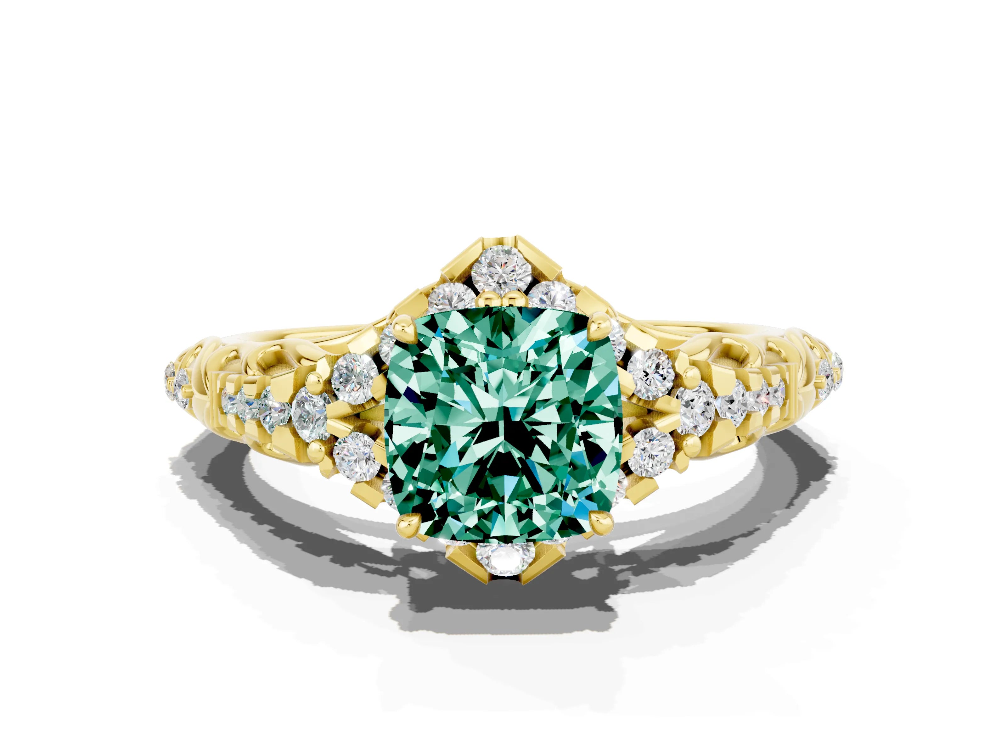 Yellow gold Cushion Cut Green Sapphire Solitaire Ring with Hidden Halo and Pavé Band_12