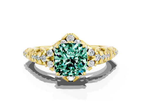 Yellow gold Cushion Cut Green Sapphire Solitaire Ring with Hidden Halo and Pavé Band_12