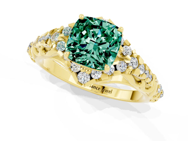 Yellow gold Cushion Cut Green Sapphire Solitaire Ring with Hidden Halo and Pavé Band