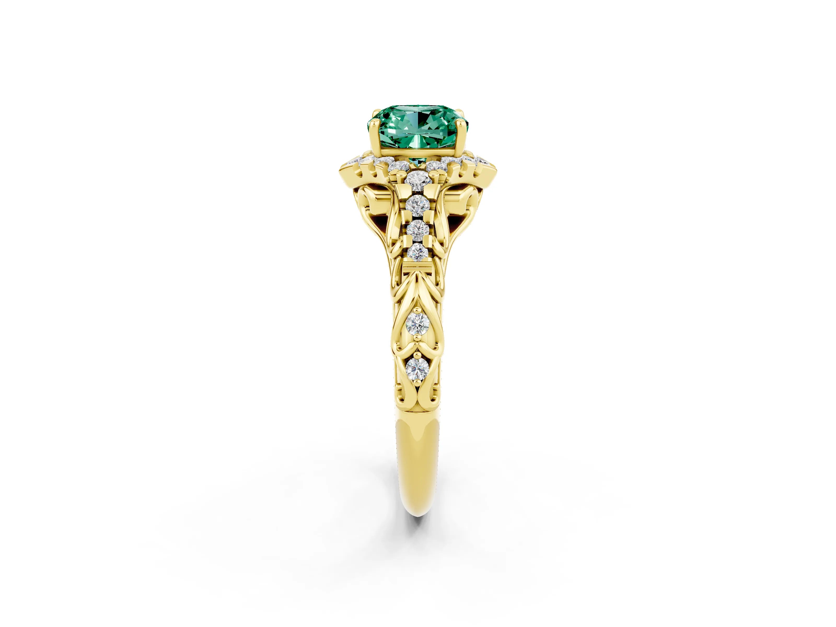 Yellow gold Cushion Cut Green Sapphire Solitaire Ring with Hidden Halo and Pavé Band_14