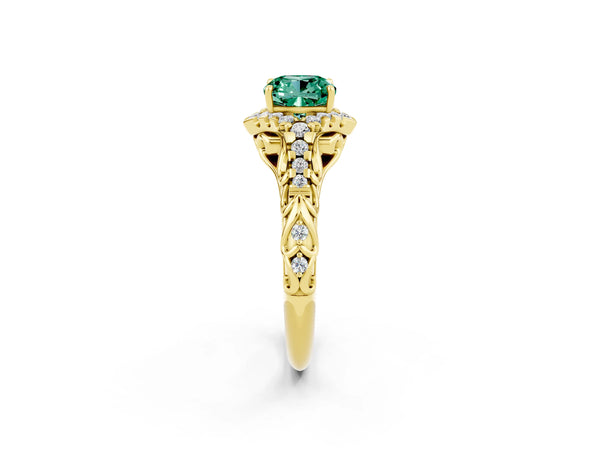Yellow gold Cushion Cut Green Sapphire Solitaire Ring with Hidden Halo and Pavé Band
