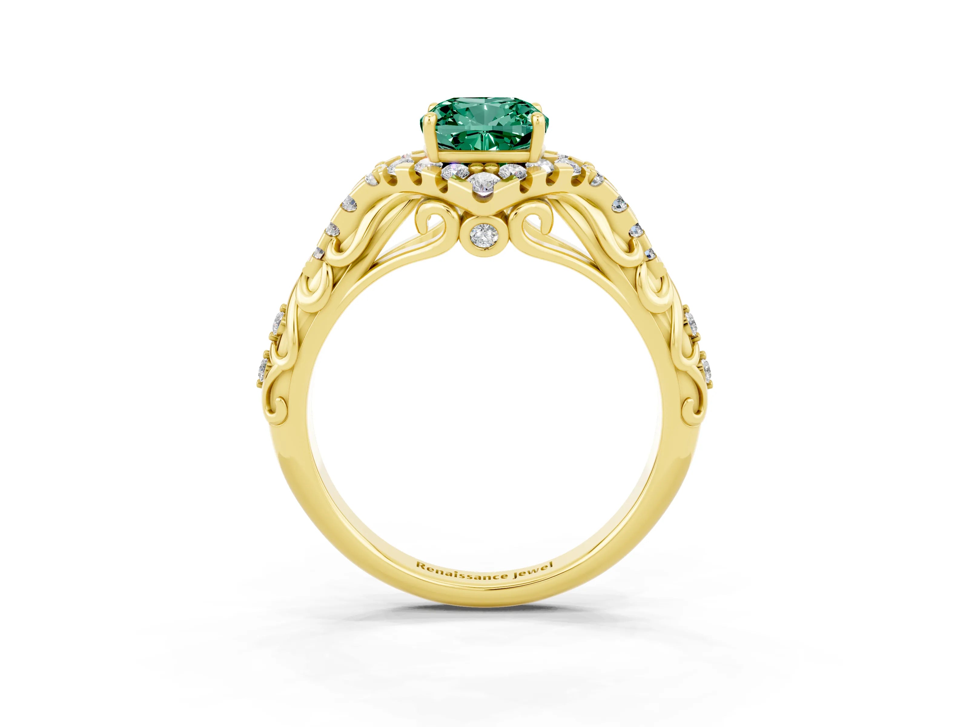Yellow gold Cushion Cut Green Sapphire Solitaire Ring with Hidden Halo and Pavé Band_15