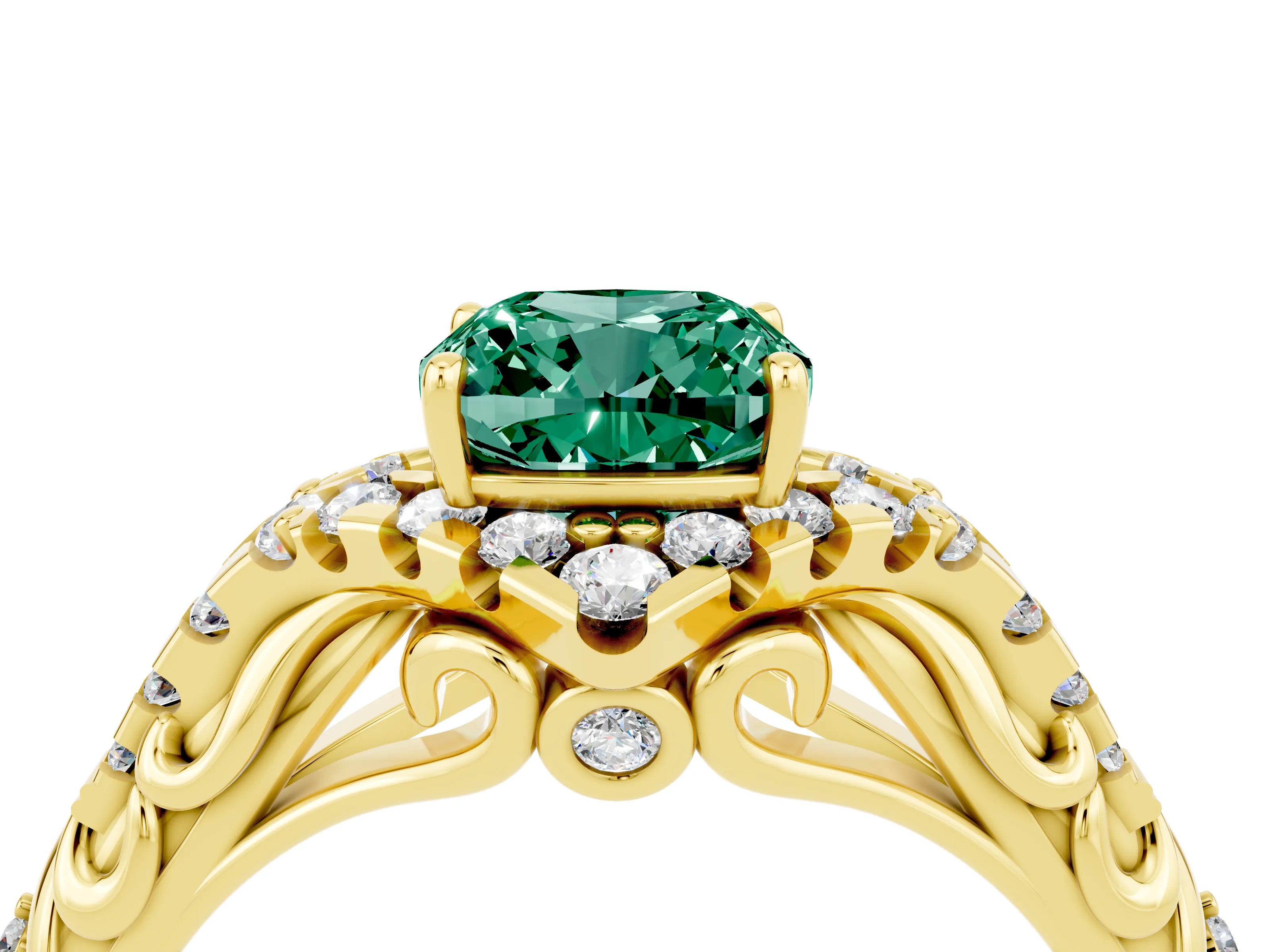 Yellow gold Cushion Cut Green Sapphire Solitaire Ring with Hidden Halo and Pavé Band_16
