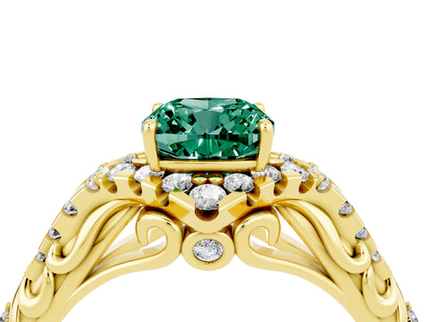 Yellow gold Cushion Cut Green Sapphire Solitaire Ring with Hidden Halo and Pavé Band_16