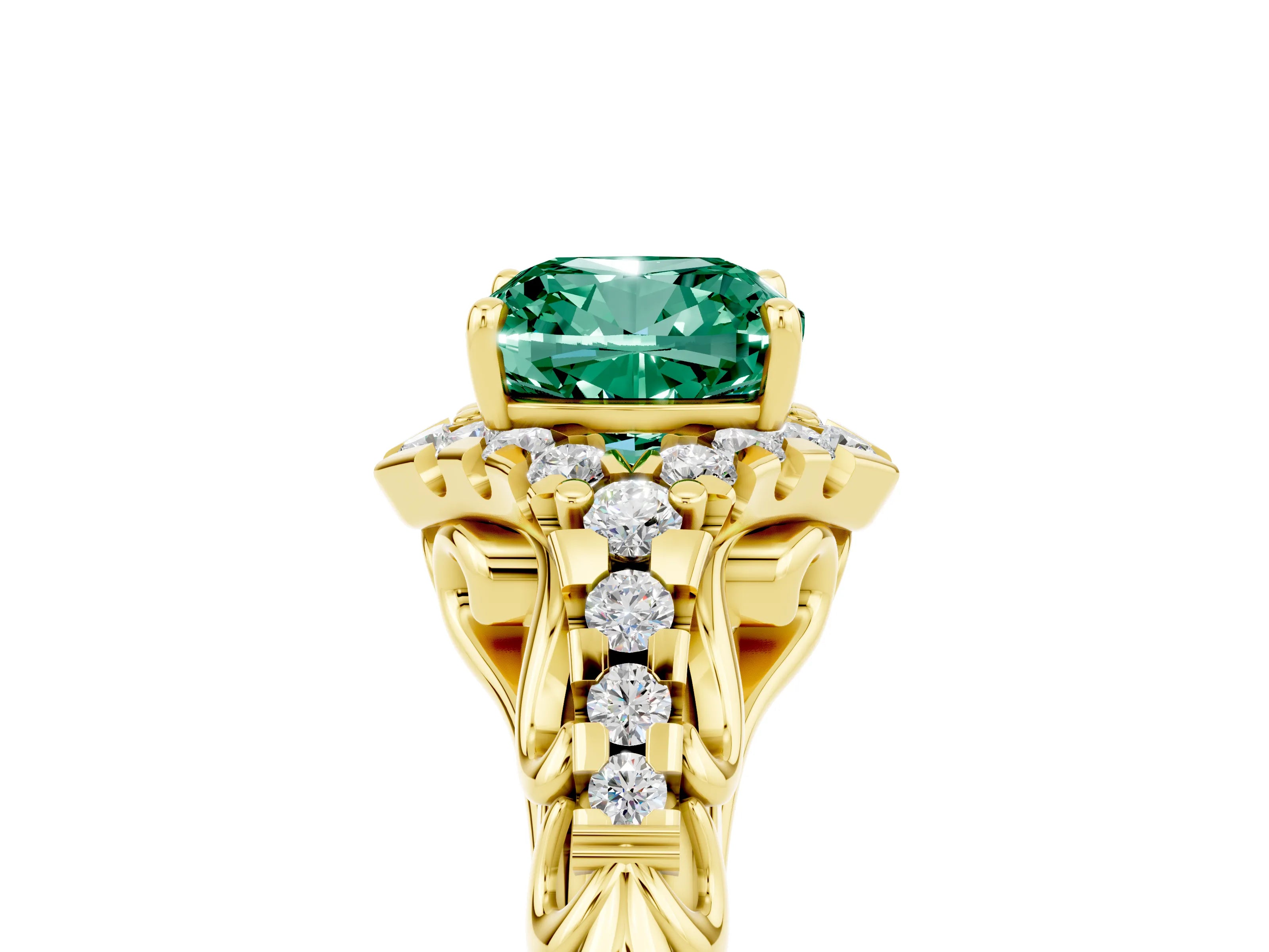 Yellow gold Cushion Cut Green Sapphire Solitaire Ring with Hidden Halo and Pavé Band_17