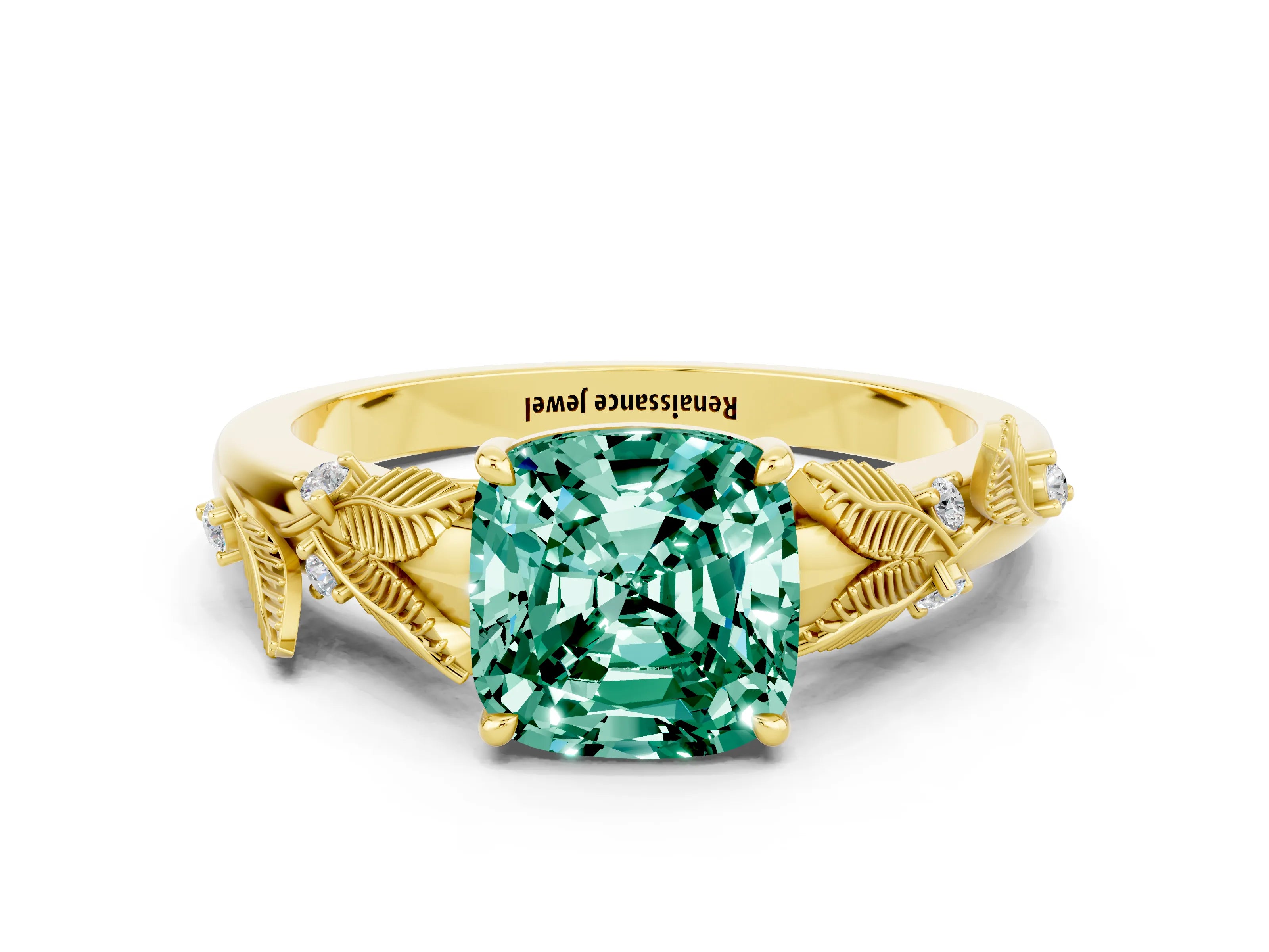 Yellow gold Cushion Cut Green Sapphire Solitaire Ring with Leaf Motif Band and Four-Prong Setting