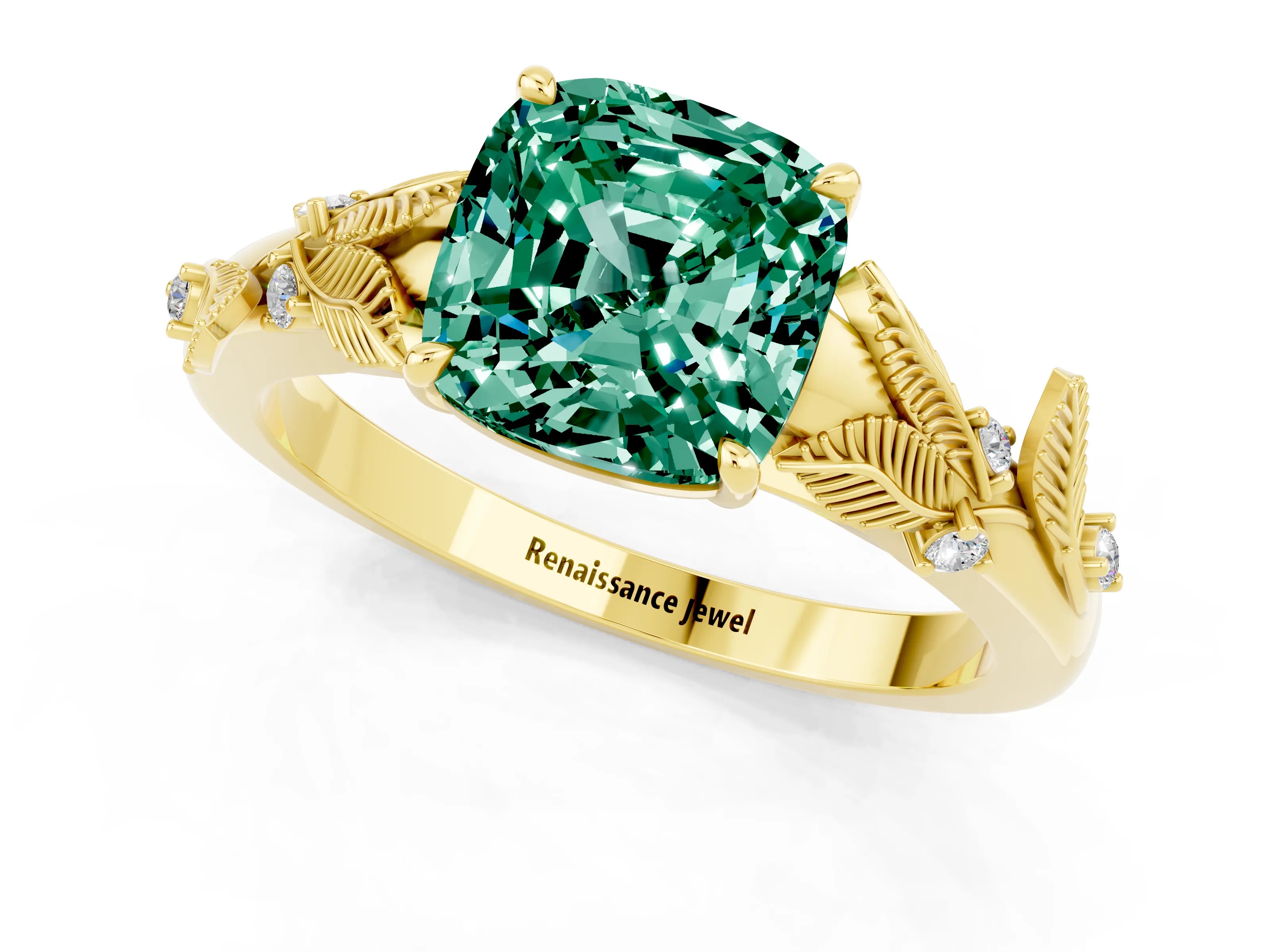 Yellow gold Cushion Cut Green Sapphire Solitaire Ring with Leaf Motif Band and Four-Prong Setting_1