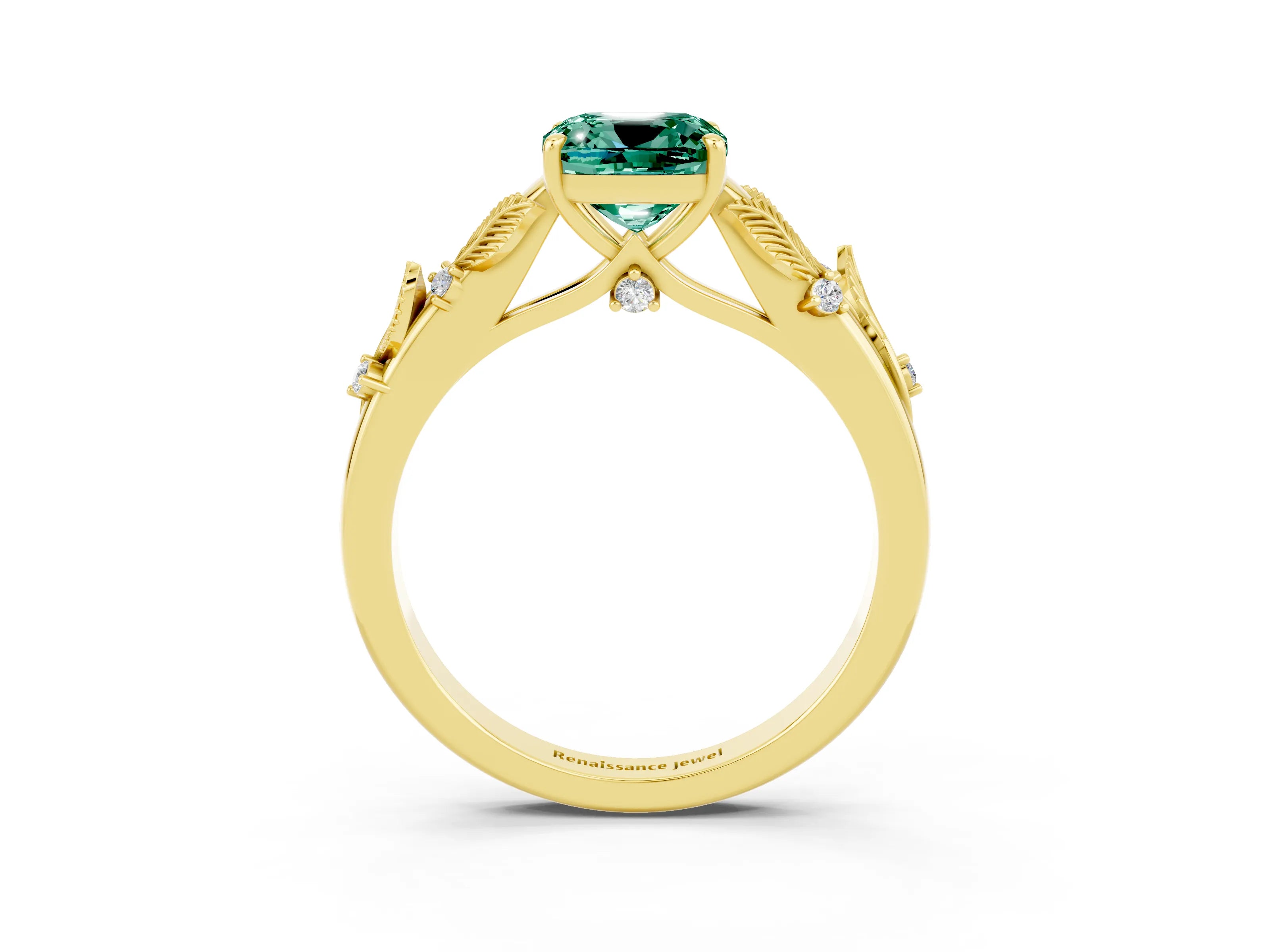 Yellow gold Cushion Cut Green Sapphire Solitaire Ring with Leaf Motif Band and Four-Prong Setting_3
