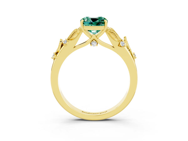 Yellow gold Cushion Cut Green Sapphire Solitaire Ring with Leaf Motif Band and Four-Prong Setting