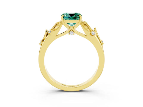 Yellow gold Cushion Cut Green Sapphire Solitaire Ring with Leaf Motif Band and Four-Prong Setting_3