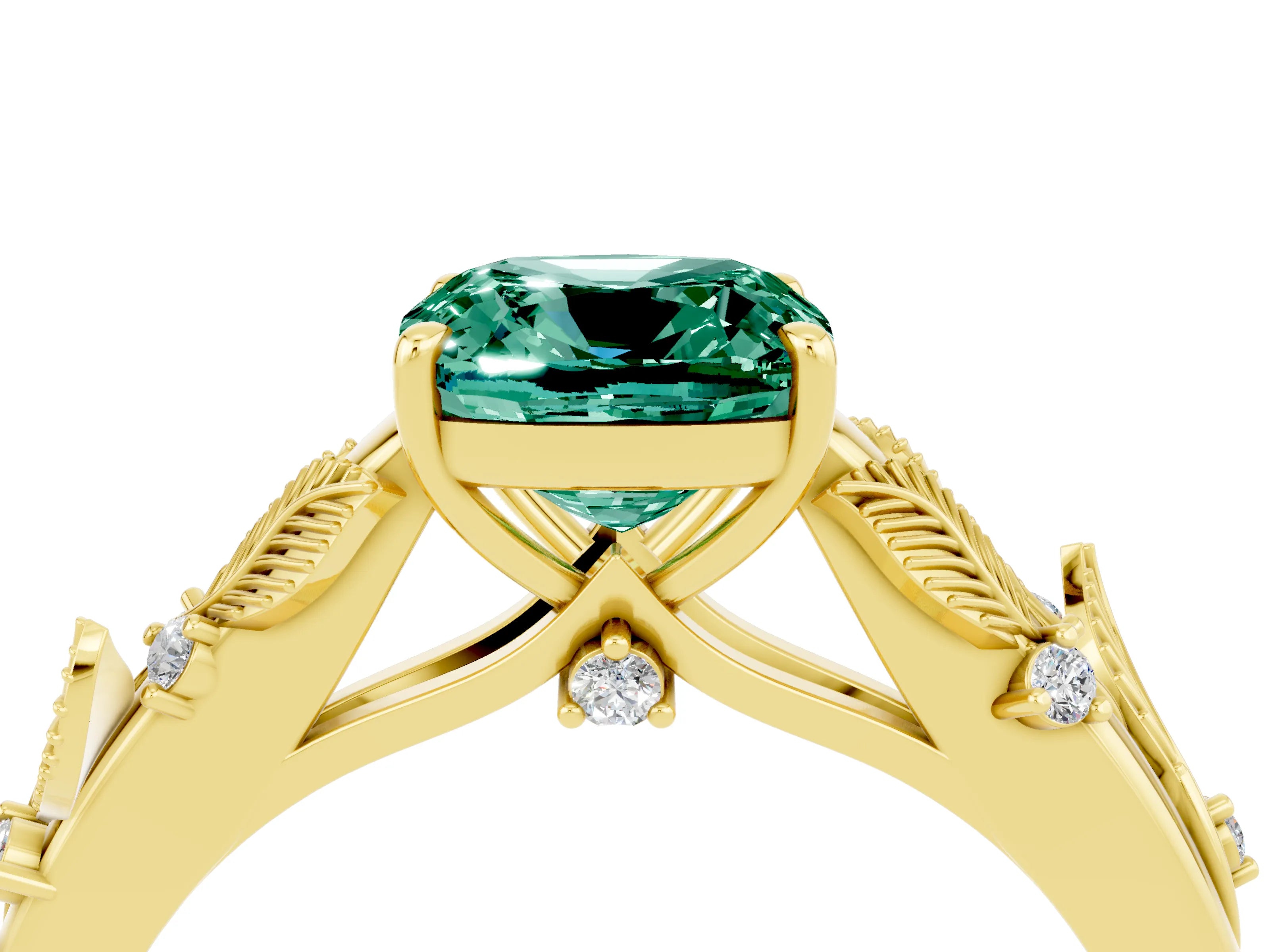 Yellow gold Cushion Cut Green Sapphire Solitaire Ring with Leaf Motif Band and Four-Prong Setting_4