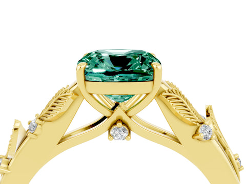Yellow gold Cushion Cut Green Sapphire Solitaire Ring with Leaf Motif Band and Four-Prong Setting_4