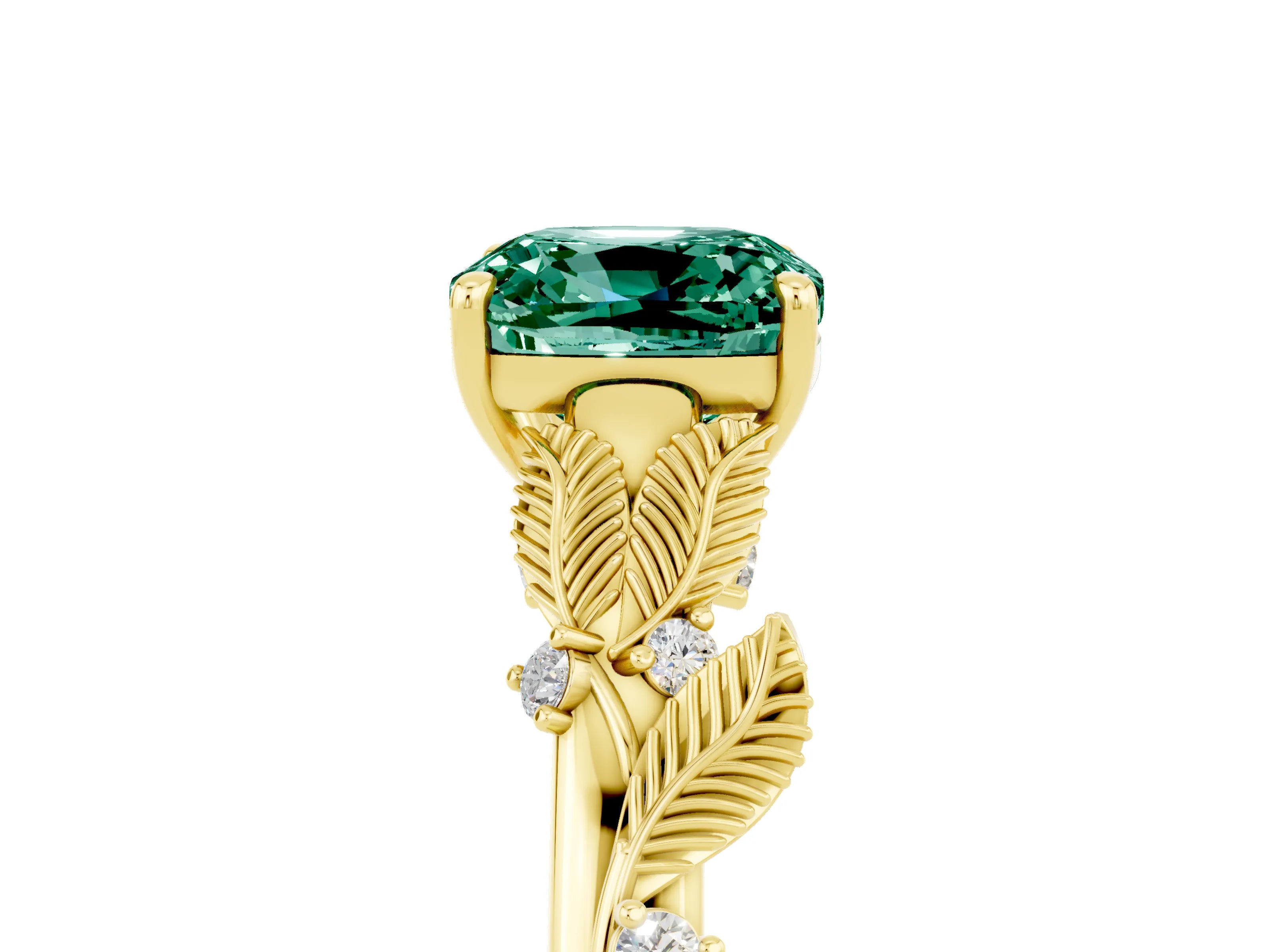 Yellow gold Cushion Cut Green Sapphire Solitaire Ring with Leaf Motif Band and Four-Prong Setting_5