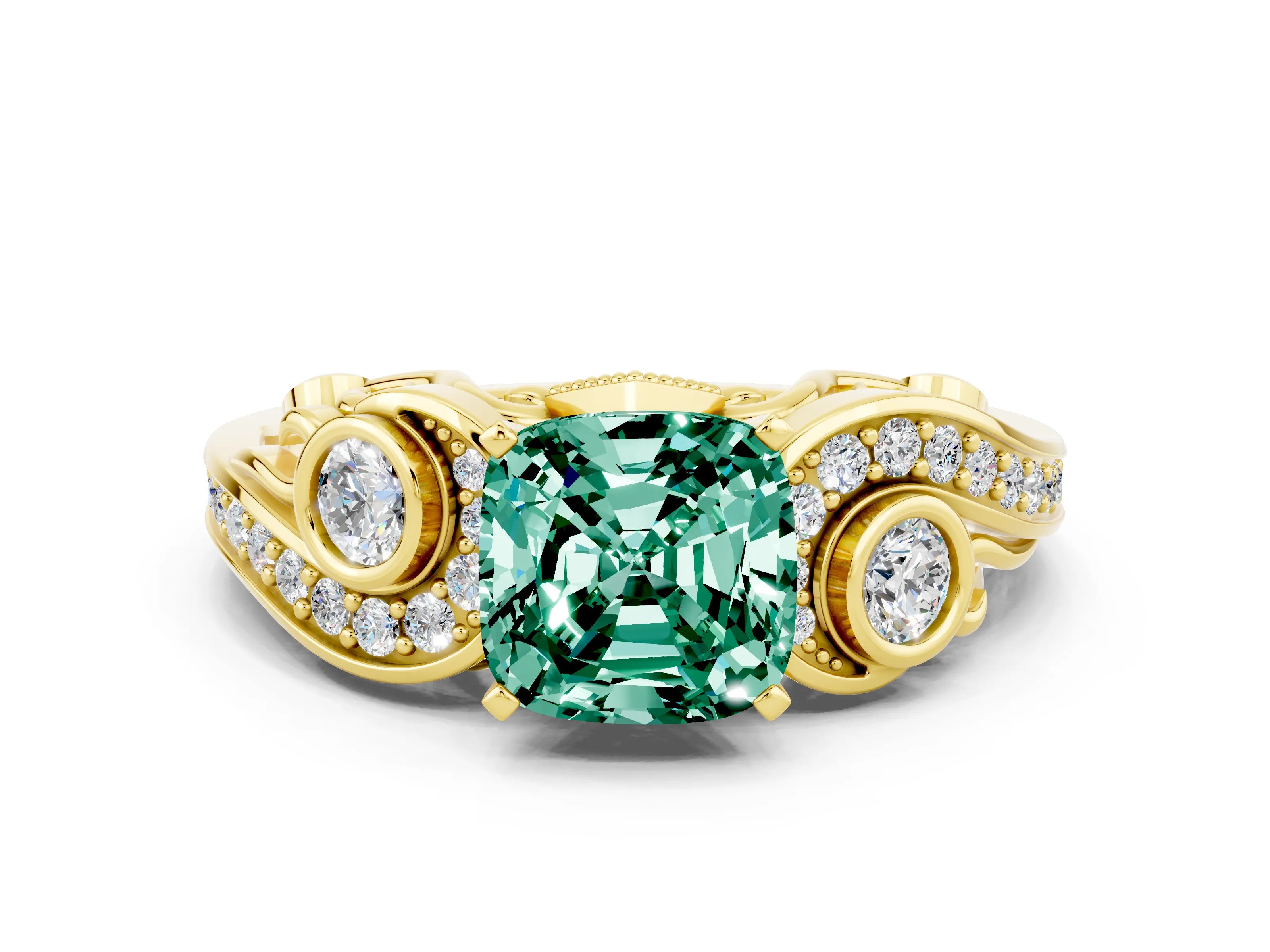Yellow gold Cushion Cut Green Sapphire Solitaire Ring with Milgrain Pavé Band and Four-Prong Setting_24