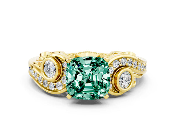Yellow gold Cushion Cut Green Sapphire Solitaire Ring with Milgrain Pavé Band and Four-Prong Setting