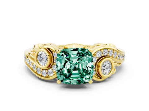 Yellow gold Cushion Cut Green Sapphire Solitaire Ring with Milgrain Pavé Band and Four-Prong Setting_24