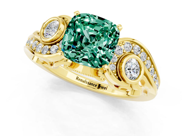 Yellow gold Cushion Cut Green Sapphire Solitaire Ring with Milgrain Pavé Band and Four-Prong Setting