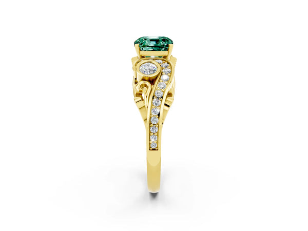 Yellow gold Cushion Cut Green Sapphire Solitaire Ring with Milgrain Pavé Band and Four-Prong Setting