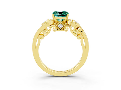 Yellow gold Cushion Cut Green Sapphire Solitaire Ring with Milgrain Pavé Band and Four-Prong Setting_27