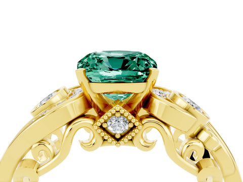 Yellow gold Cushion Cut Green Sapphire Solitaire Ring with Milgrain Pavé Band and Four-Prong Setting_28