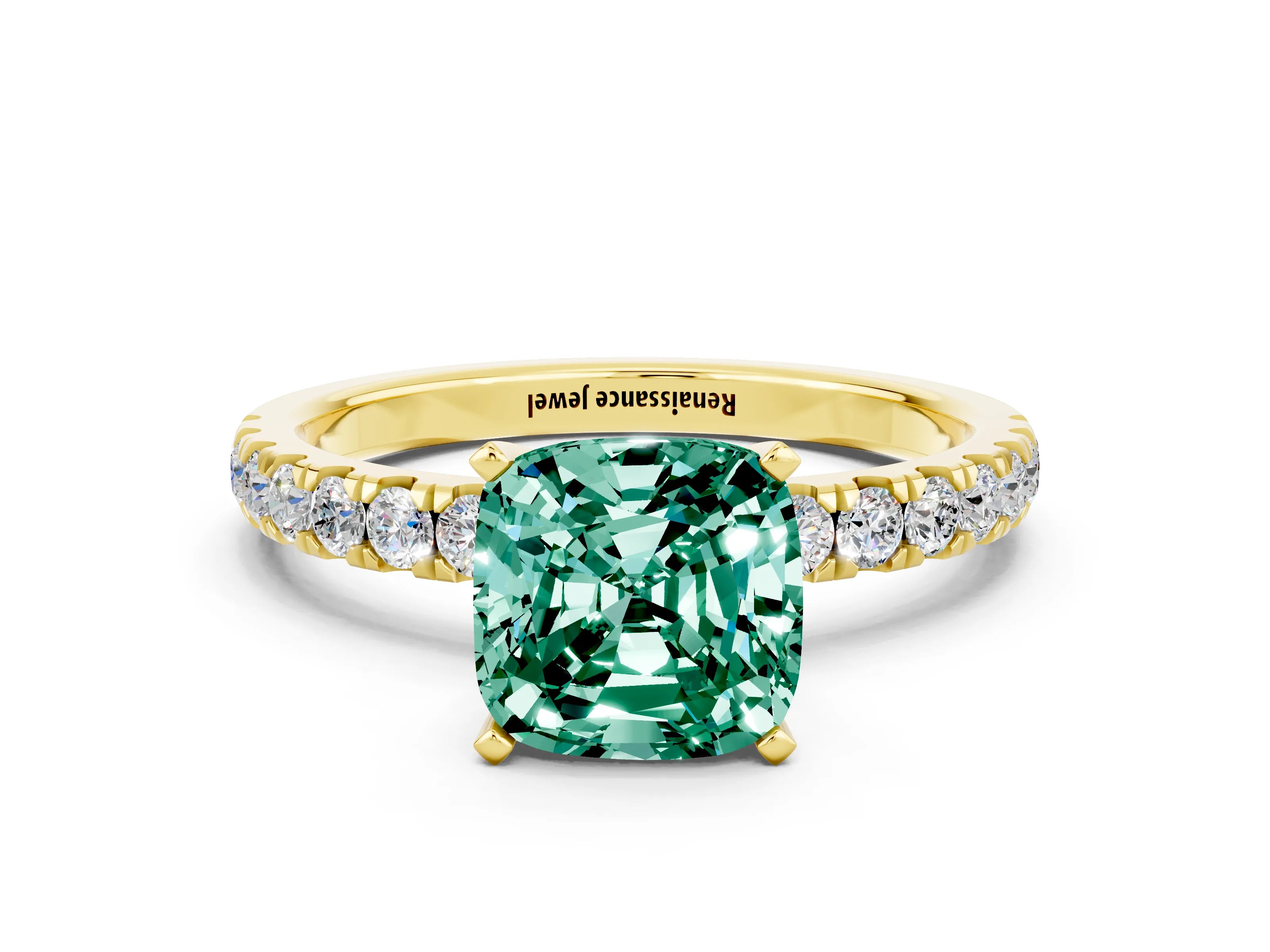 Yellow gold Cushion Cut Green Sapphire Solitaire Ring with Pavé Accents and Four-Prong Setting