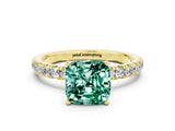 Yellow gold Cushion Cut Green Sapphire Solitaire Ring with Pavé Accents and Four-Prong Setting