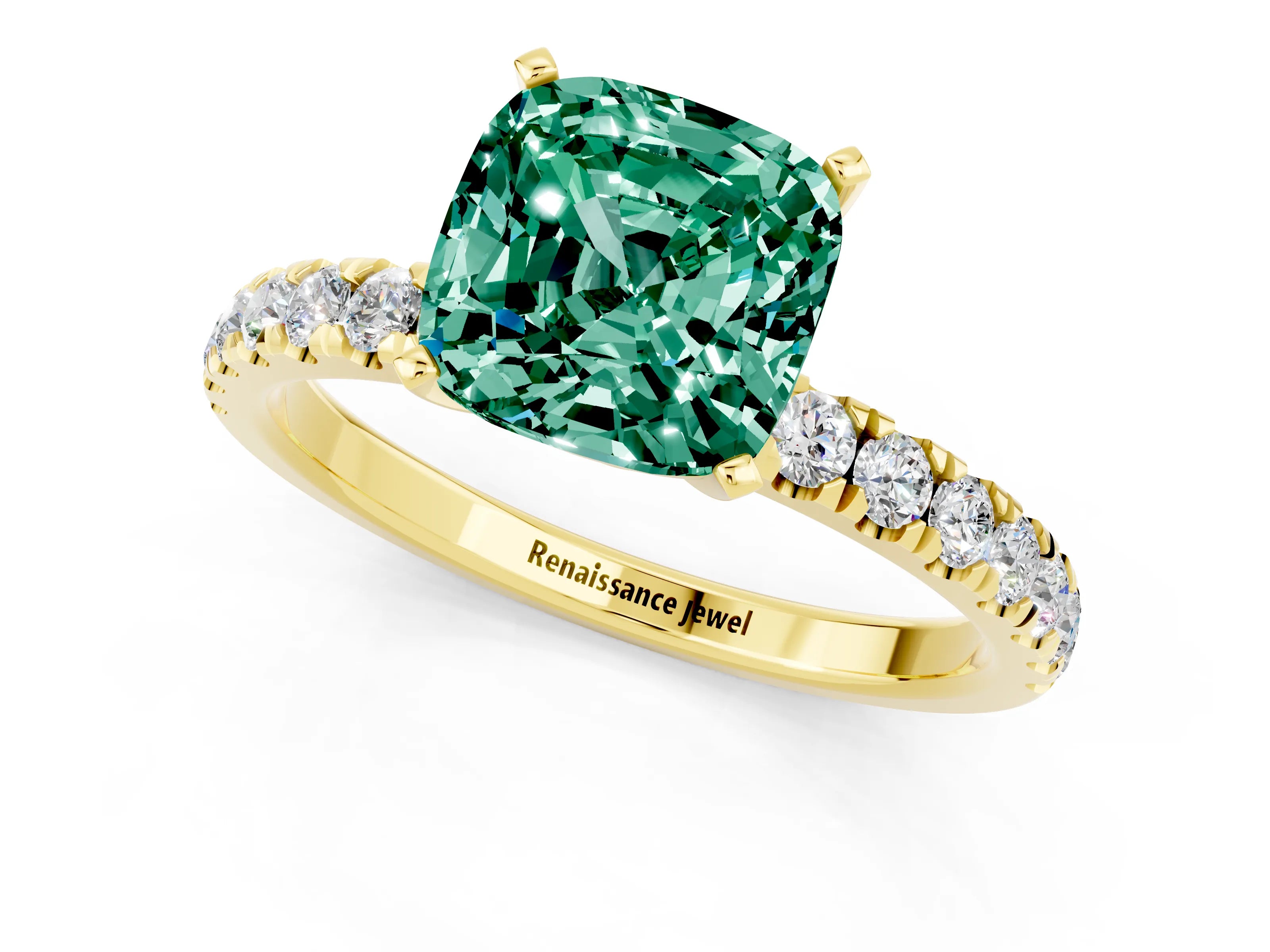 Yellow gold Cushion Cut Green Sapphire Solitaire Ring with Pavé Accents and Four-Prong Setting_1
