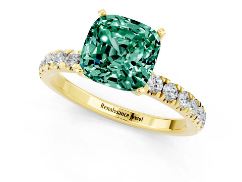 Yellow gold Cushion Cut Green Sapphire Solitaire Ring with Pavé Accents and Four-Prong Setting_1