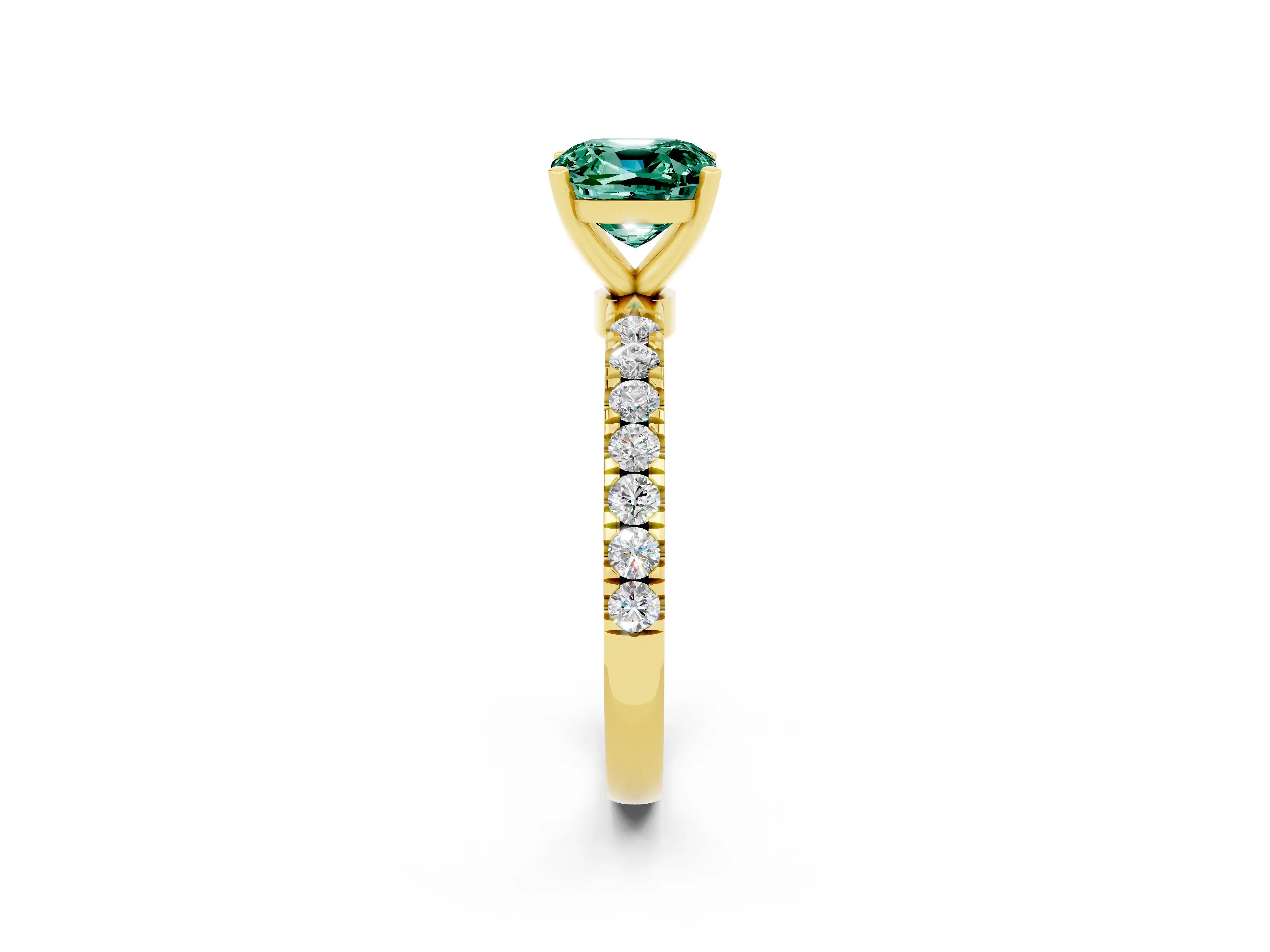 Yellow gold Cushion Cut Green Sapphire Solitaire Ring with Pavé Accents and Four-Prong Setting_2