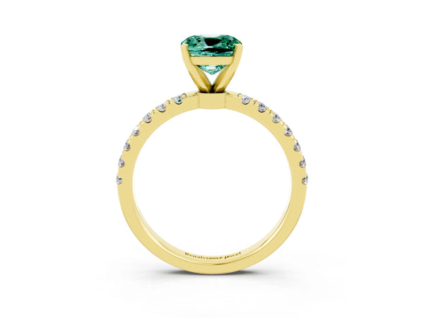 Yellow gold Cushion Cut Green Sapphire Solitaire Ring with Pavé Accents and Four-Prong Setting