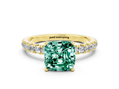Yellow gold Cushion Cut Green Sapphire Solitaire Ring with Pavé Accents and Four-Prong Setting