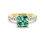 Yellow gold Cushion Cut Green Sapphire Solitaire Ring with Pavé Band and Four-Prong Setting_24