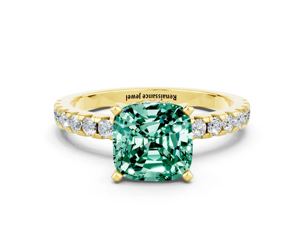 Yellow gold Cushion Cut Green Sapphire Solitaire Ring with Round  Pavé Band and Four-Prong Setting