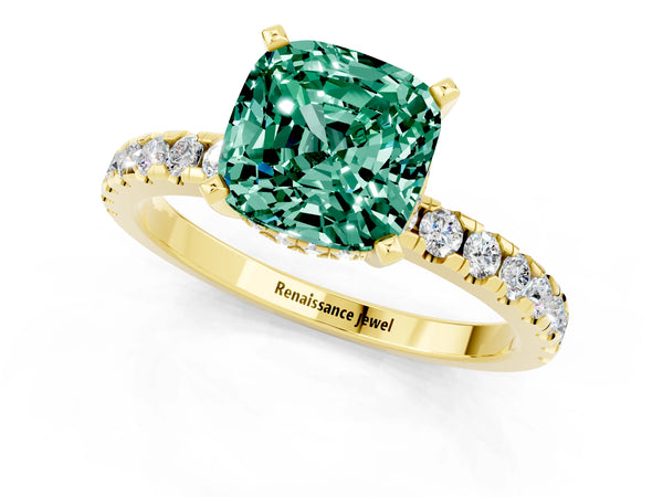 Yellow gold Cushion Cut Green Sapphire Solitaire Ring with Round  Pavé Band and Four-Prong Setting