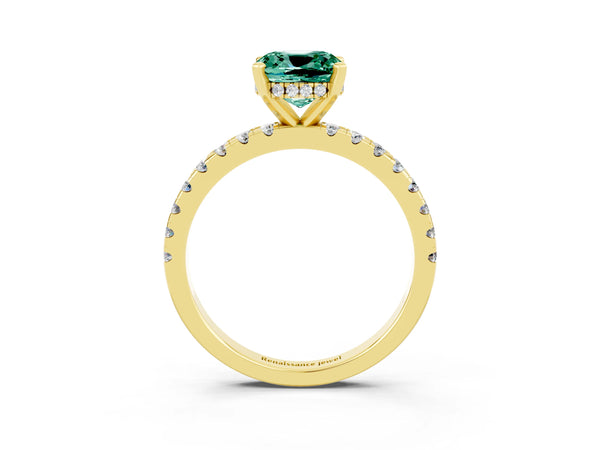 Yellow gold Cushion Cut Green Sapphire Solitaire Ring with Round  Pavé Band and Four-Prong Setting