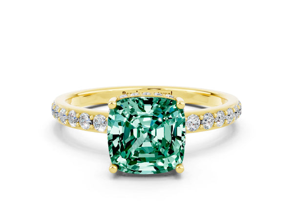 Yellow gold Cushion Cut Green Sapphire Solitaire Ring with Pavé Band and Hidden Halo