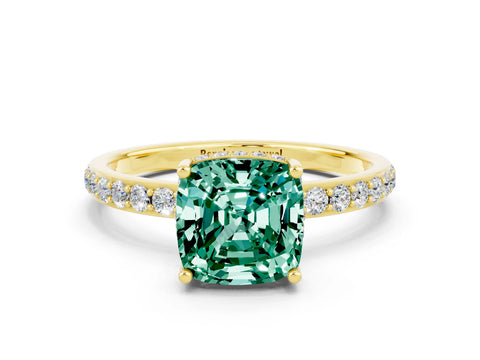 Yellow gold Cushion Cut Green Sapphire Solitaire Ring with Pavé Band and Hidden Halo_12